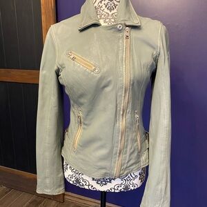 Maritus Sage Green Leather Moto Jacket with Asymmetric Zip Size 4